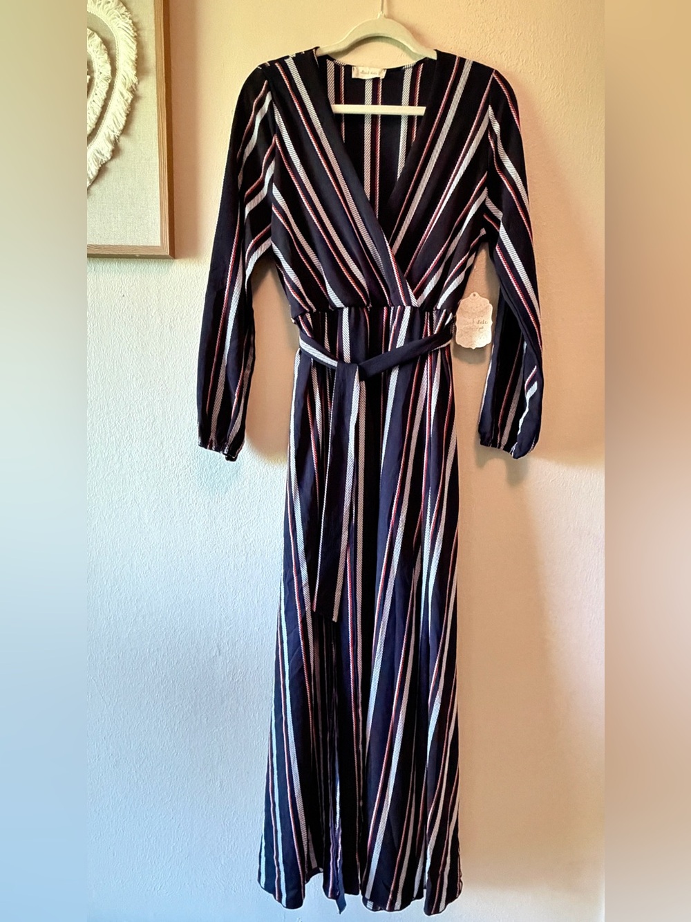 NWT Altar'd State Striped Wrap Maxi Dress Navy Long Sleeve Casual Retro L